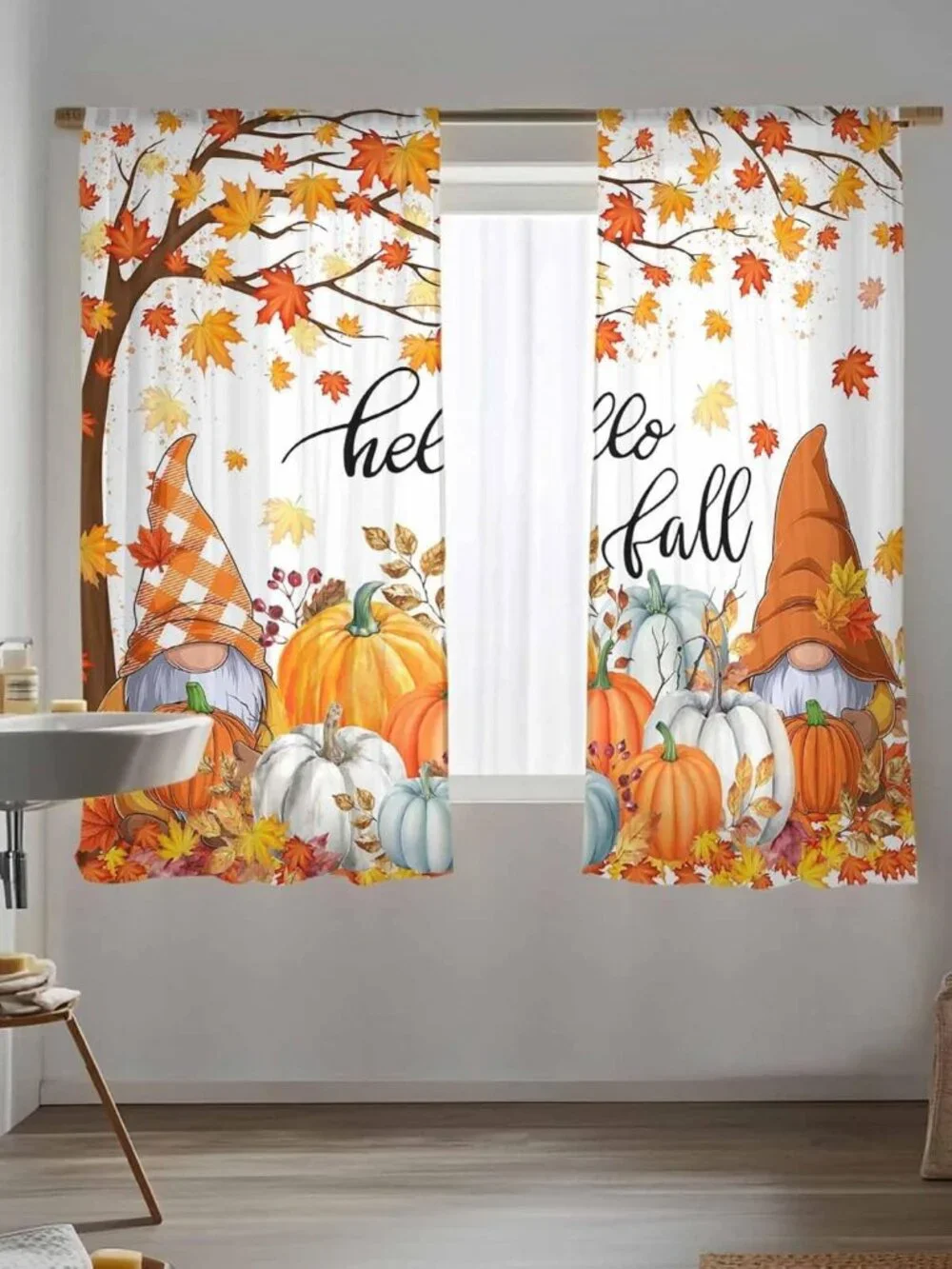 Thanksgiving Gnome Pumpkin Semi-Sheer Curtains, Fall Maple Leaves Drapes, 63